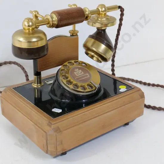 reproduction telephone with New Zealand Post logo, on wooden base H-250 W-240 D-180