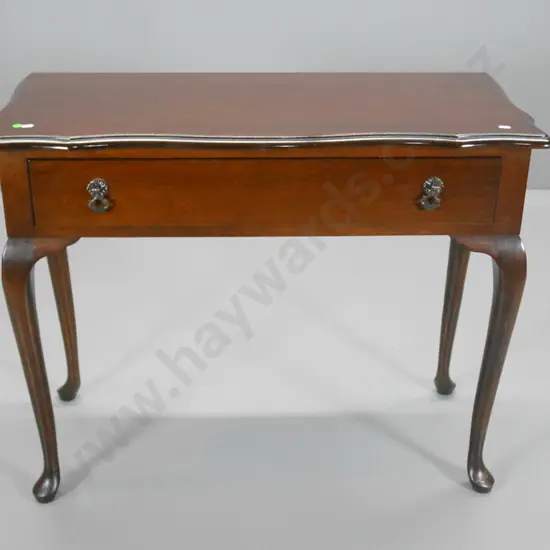 mahogany reproduction cab-leg hall table, single drawer w/ metaldrop handle, slight ring mark on top H680 W840 D380