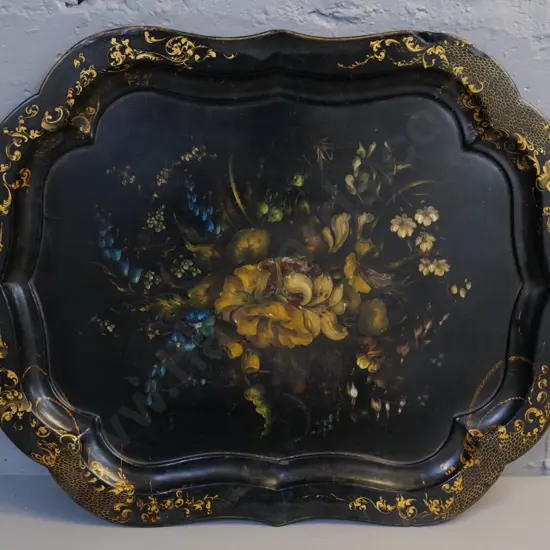 large hand-painted papier-mache tray with hand painted floral design - some wear and chips L680 W540