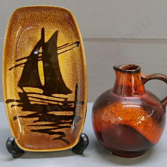 small Poole Aegean plate 180 x 100 and a pottery jug, no maker's marks