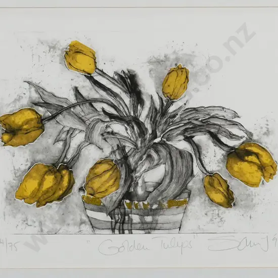 illegible signature - framed  ltd edition print 74/75 "Golden Tulips" H-210 W-290