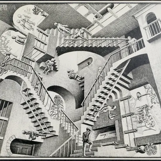 MC Escher print on board "Relativity" (some age damage) H- 410 W-440