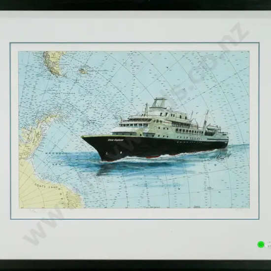 illegible signature - framed ltd edition print 5/250 - Silver Explorer on Drake Passage map H-330 W-470
