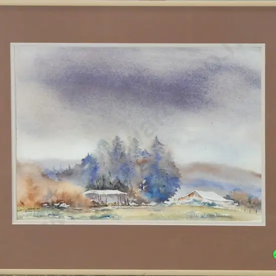 Alison Gray - framed watercolour "Farm Sheds Watepeka, Sth Otago
