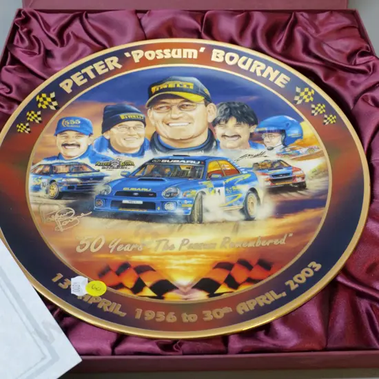 boxed Bradford Exchange collector plate - Peter "Possum" Bourne Subaru racing team D-300
