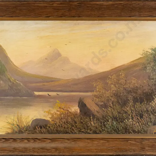 illegible signature - framed colonial oil - lake and mountain scene H-300 W-500