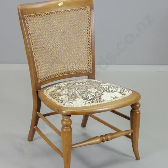 vintage timber framed nursing or bedroom chair w/William Morris linen, some wear, small flaw to cane H740 W430 D460