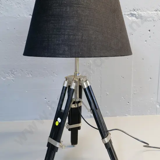 table lamp with adjustable wood and chrome base in style of vintage tripod - some wear and corrosion - H-560 Shade D-370