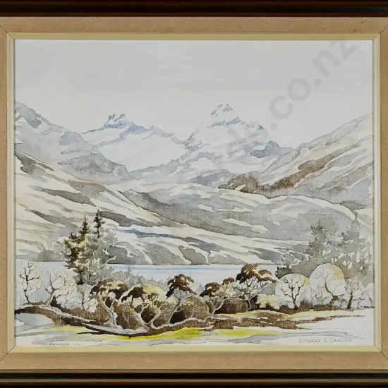 Robert Sansom - framed watercolour "Mt Aspiring, Lake Wanaka" H-290 W-340