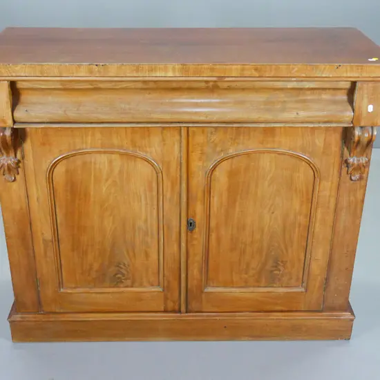 vintage mahogany chiffonier sideboard with lined divided drawer, 2 door, carved corbels, polish needs work H895 W1060