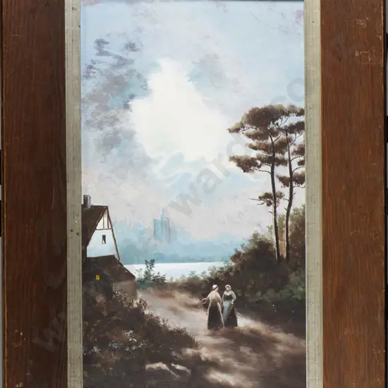 framed oil - woman with baskets chatting H-450 W-260