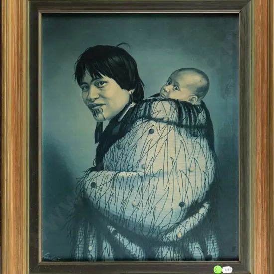 framed Lindauer print - mother and baby (faded) H-420 W-340