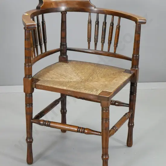 vintage mahogany corner chair with spindle back, woven seagrass seat H750 W580 D590