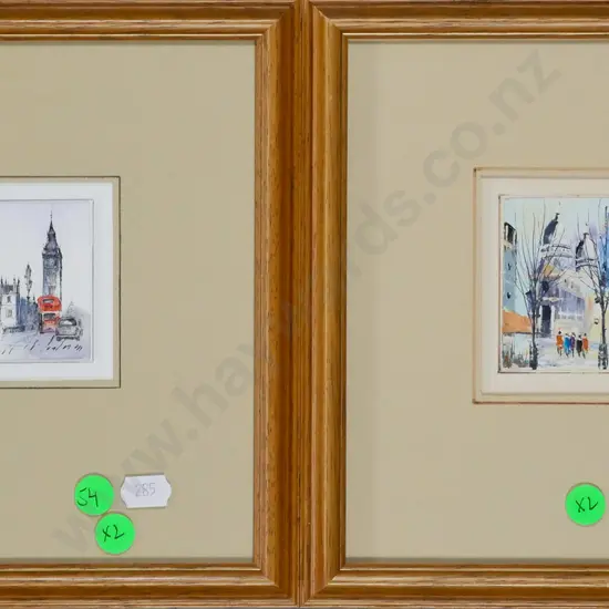 2x small framed watercolours - city scene H-60 W-450