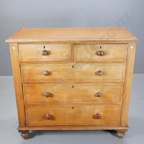 antique kauri 5-drawer chest with key escutcheons, marquetry inlay, ball feet - polish needs work H1050 W1090 D500
