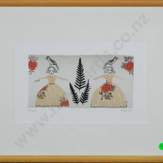 Megan Campbell '04 - framed ltd edition print 14/120 - women and birds H-100 W-200