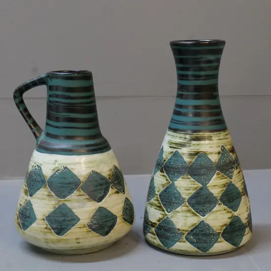 2 matching pattern German pottery vases - taller is H-180