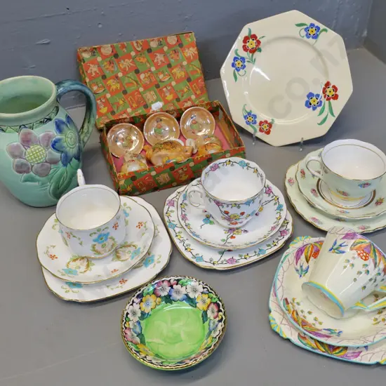 assorted English china including 3 Royal Albert trios, Maling pin dish, Bretby vase, boxed asian child's tea set etc.