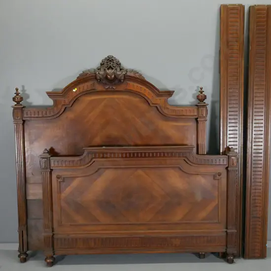 antique walnut French style heavily carved double size bed ends & side rails - with quartered veneer H1550 W1400