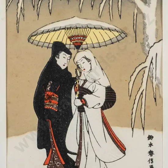 framed Japanese woodblock print - people under umbrella (very slight foxing) H-140 W-100