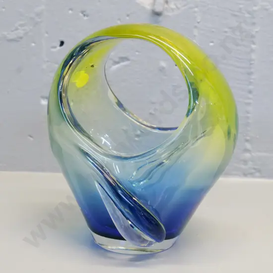 heavy art glass basket - clear, yellow and blue H-180 L-150