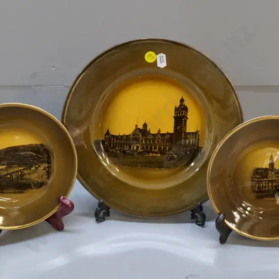 3 pieces Ridgways vista ware Dunedin scenes - Exchange, railway station St. Clair beach - largest plate D-230