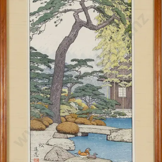 framed Japanese print "Pine Tree of the Friendly Garden" H-490 w-250
