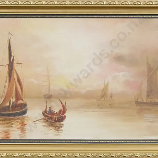 M Harris 1917 - framed oil - boat scene H-200 W-530