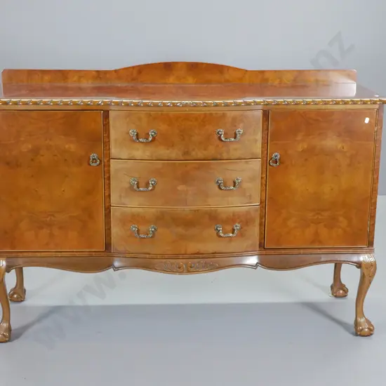 reproduction burr walnut sideboard w/ 3 drawers, one baize lined, 2 doors, ball & claw feet, rope edge H930 W1340 D450