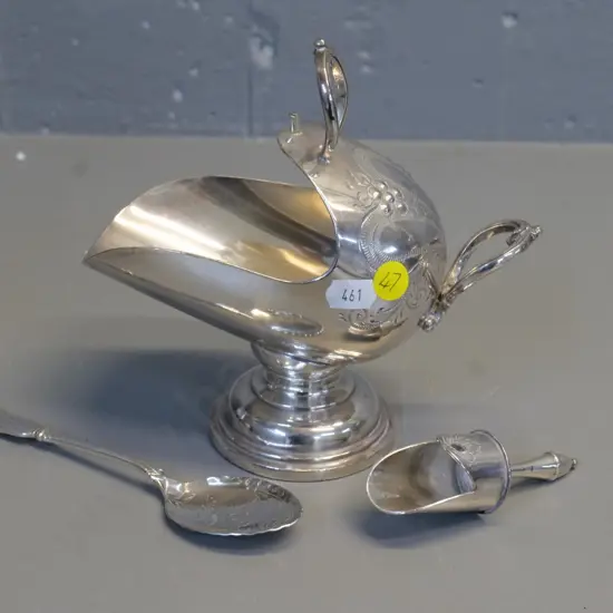 plated sugar scuttle with scoop H-170 and a spoon which may be sterling, unknown marks