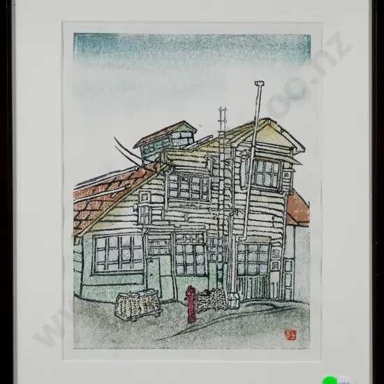Japanese woodblock print - house (some warping to paper) H-290 W-220