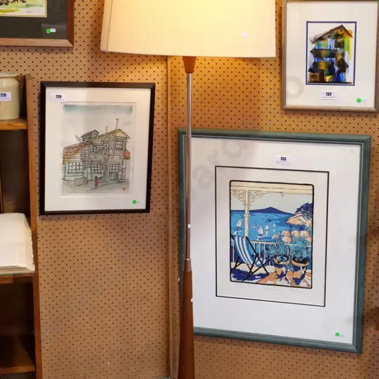 mid-century mahogany & burnished metal standard lamp - damage and wear to shade H1650 D510