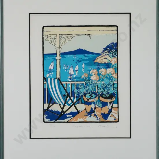 Karel Burrows - framed screenprint 59/120 "Rangitoto Evening" H-350 W-280