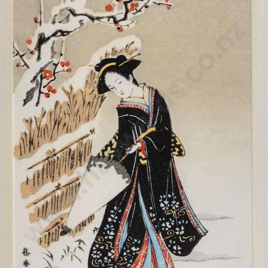 framed Japanese woodblock print - women with umbrella H-140 W-100