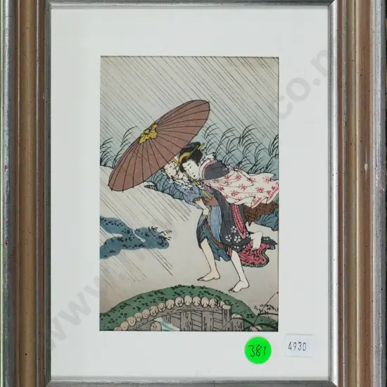 framed Japanese woodblock print - woman and umbrella H-140 W-90