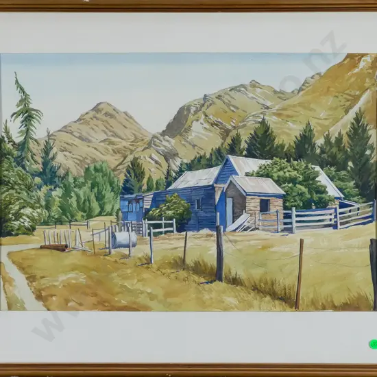 unsigned framed watercolour - farm buildings H-370 W-530