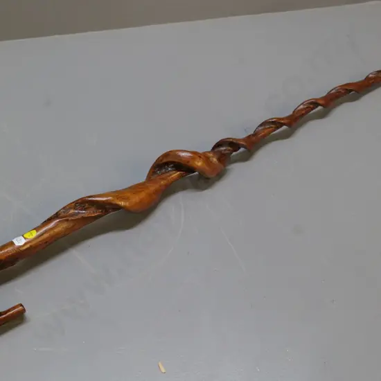 carved twisted timber walking stick - flaw to wood half way down.L-980