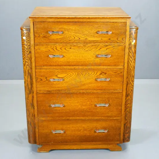 deco oak 5-drawer chest with original bakelite & chrome handles H1020 W780 D400