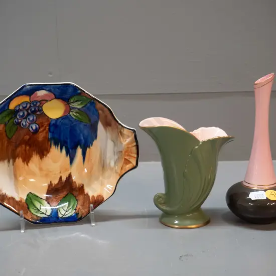 2 Carlton ware vases and a Tunstall autumn pattern dish. Taller vase H160