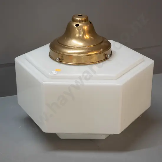 deco hexagonal milk glass ceiling light fitting with brass journal H290 W360