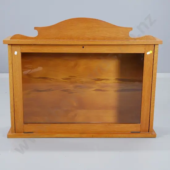 vintage oak wall mount display cabinet with drop-down glazed door, escutcheon & key H-570 W-840 D-200