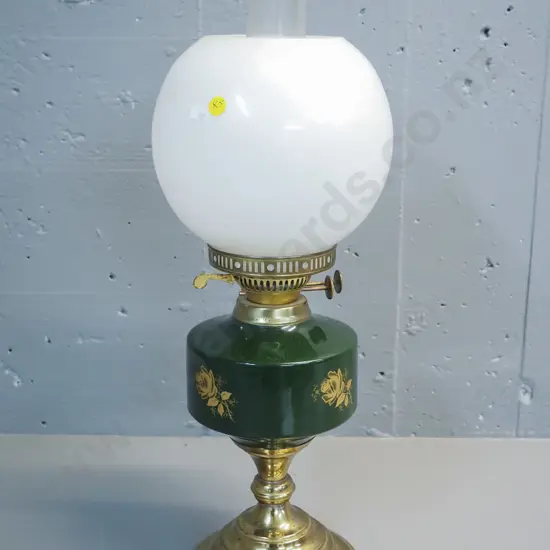 brass and ceramic kerosene lamp with milk glass globe shade, clear chimney H-550