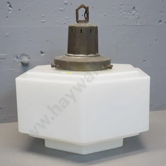 deco milk glass large hexagonal ceiling light with brass journal/fitting H-360 350 x 350 - some pitting to brass