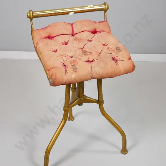 vintage brass and gilt finish metal adjustable office stool wear to deep button fabric, height adjuster faulty H600