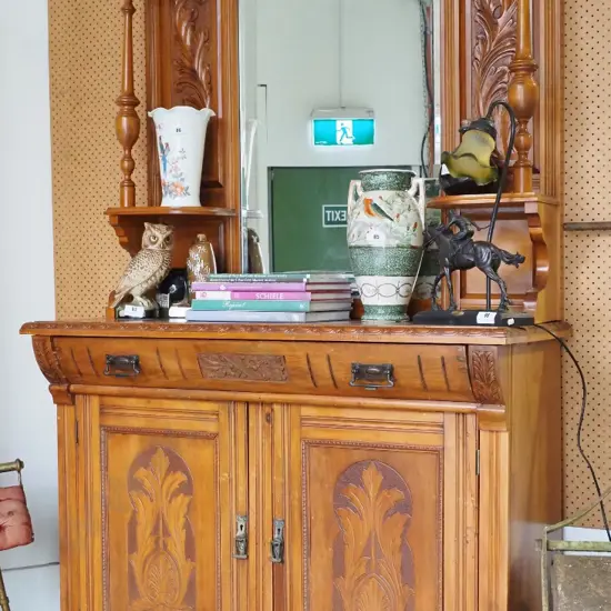 vintage kauri mirror back sideboard, 2 doors, 1 drawer, drop handles, key - borer, some damage H2160 W1200 D530
