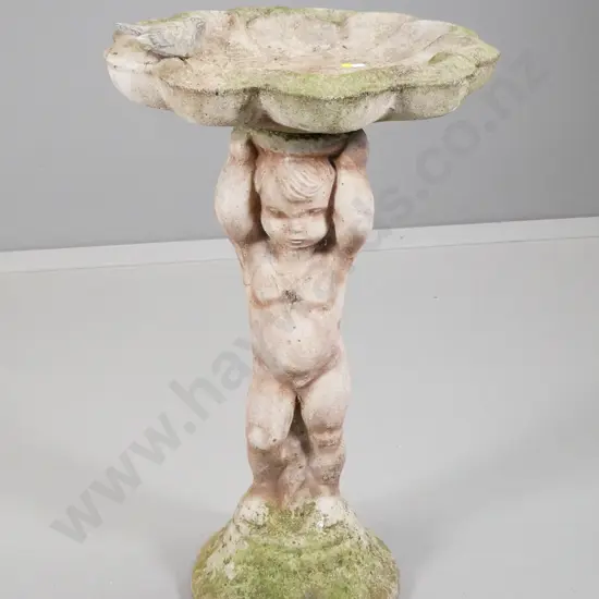 cast concrete bird bath with classical figural base, loose bird figure, moss and aging H780 D-480