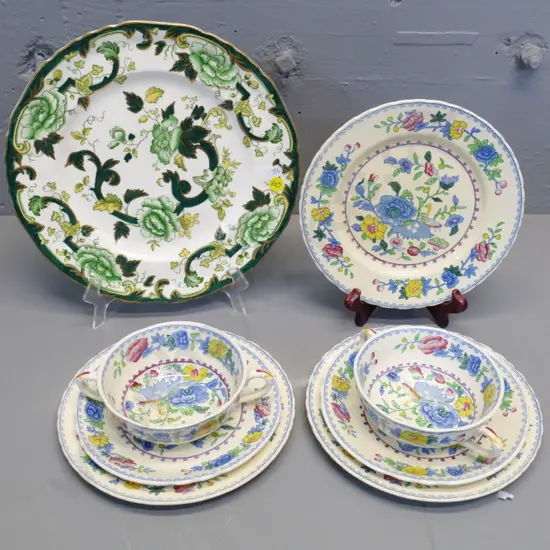 Masons Chartreuse plate and Mason Regency items - 2 soup coupes w/saucers, and 3 side plates