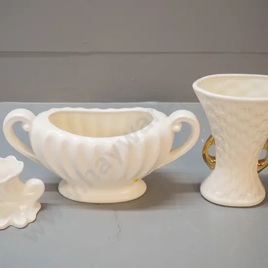 3 cream-glaze vases - Sylvac handled flower trough H140 W280, small English nautilus, gilt handled fan shaped