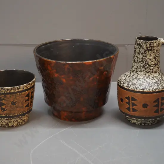 3 retro German pottery items - handled vase H-190 and 2 pot plant holders