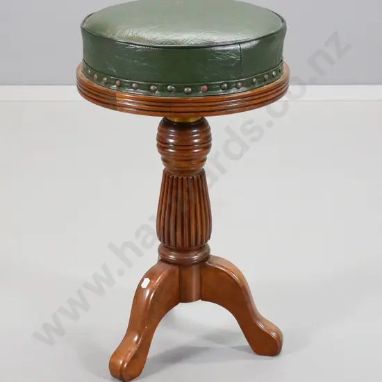 vintage mahogany and green studded vinyl swivel-adjustable piano stool with reeded column base H-580 D-340